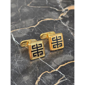 Rare Vtg Givenchy Paris 4G Logo Square Black Enamel Gold-Tone Plaque Cufflin